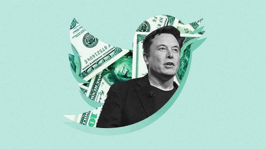  Photo illustration of a black-and-white Elon Musk over a mint-green, money-textured Twitter bird with similar colored background