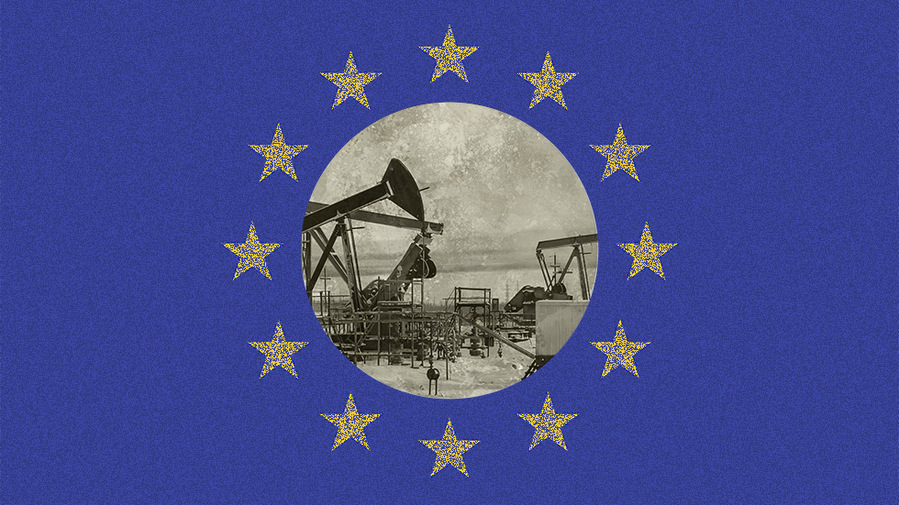 Photo illustration of the European Union flag and symbol with a circular photo of an oil field in the star ring