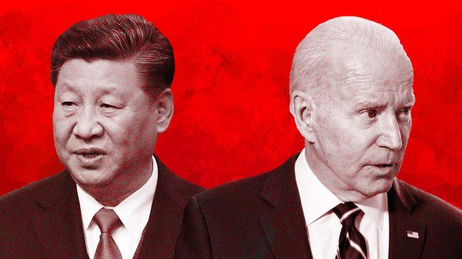 Photo illustration of a black-and-white, red-dotted Xi Jinping, left, and Joe Biden, right, over a textured red background