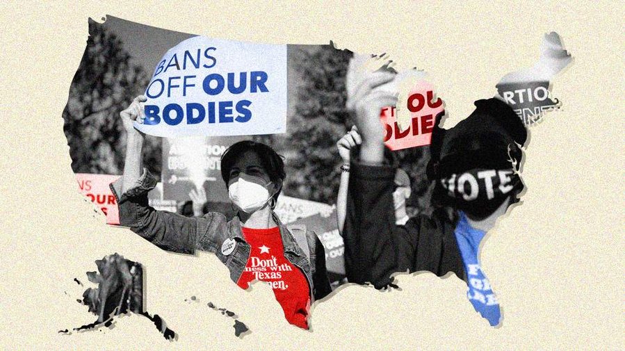 Newsletter illustration of abortion rights rally post Roe v. Wade draft leak, 1/2
Alt text: Photo illustration of abortion rights rally superimposed on vector of the United States, with red and blue coloring on a light beige background