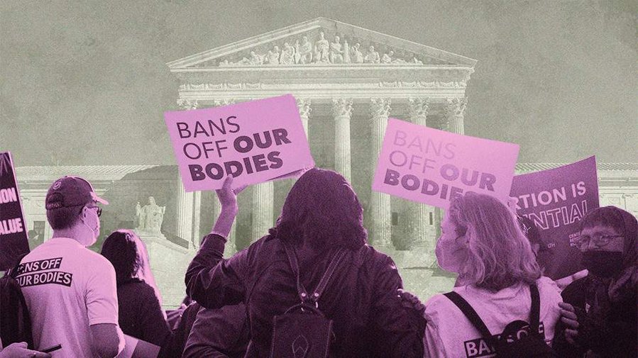  Photo illustration of abortion rights rally; protestors are in purple and highlighted above a light gray, textured Supreme Court background
