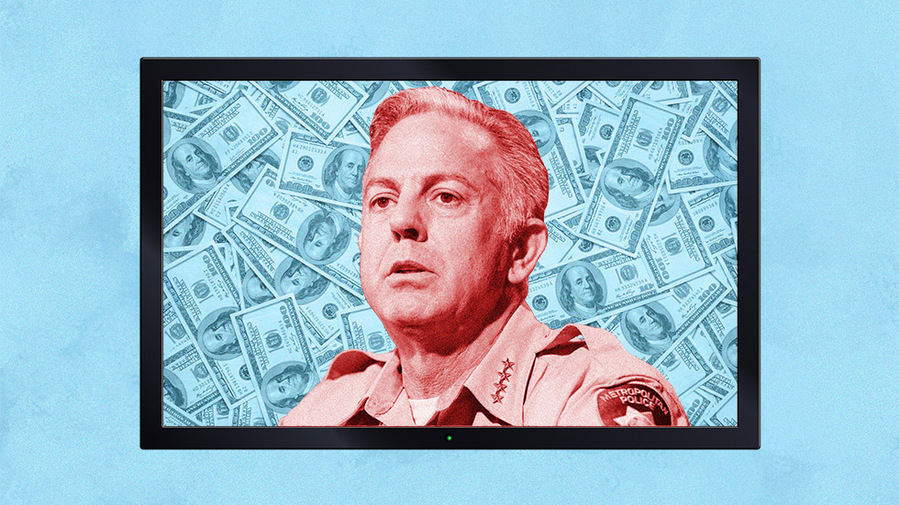  Photo illustration of Clark County Sheriff Joe Lombardo, candidate in gubernational race in Nevada. Lombardo is overlayed in a red tint on a light-blue background 