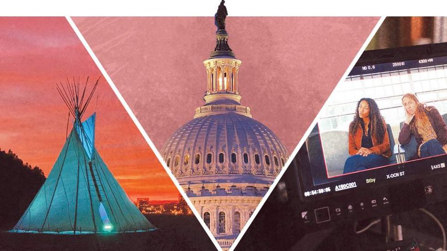 Three images are split into triangles: an image of a blue teepee against a sunset background, the Capitol building over a light blush background, Big Sky camera