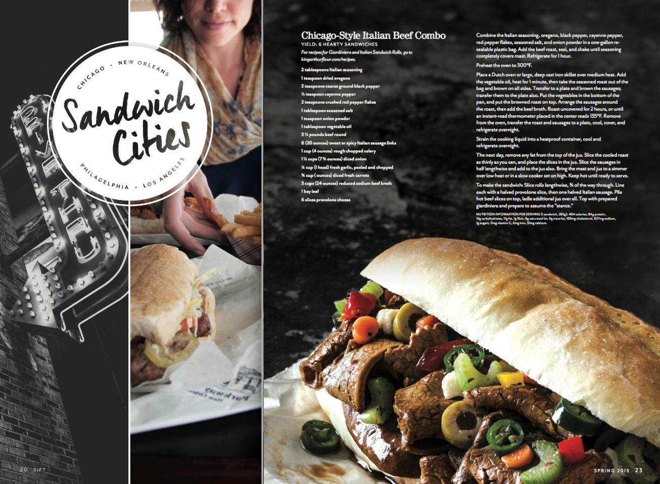 Two-page editorial food photography spread from sift magazine titled Sandwich Cities. On the right page is an Italian beef sandwich with bright peppers and jalapenos Dark backgrounds with light food. 