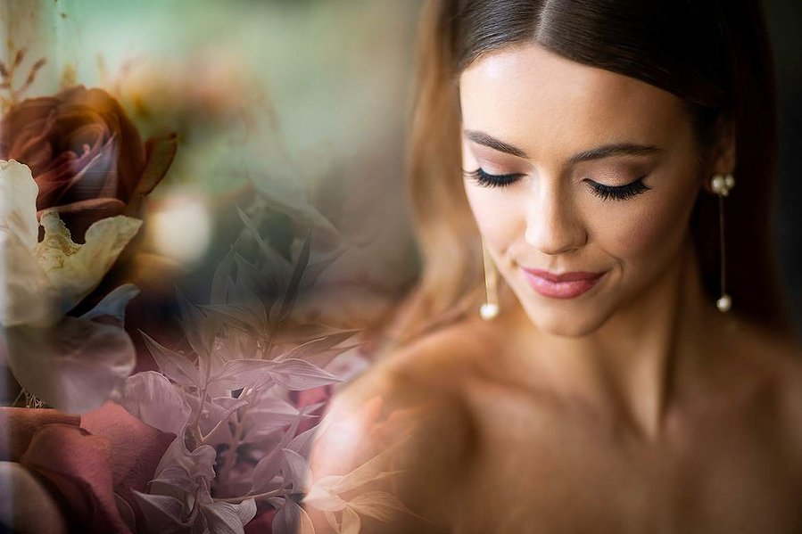 Bride wedding photo with floral overlay for editorial photography for Minnesota Bride