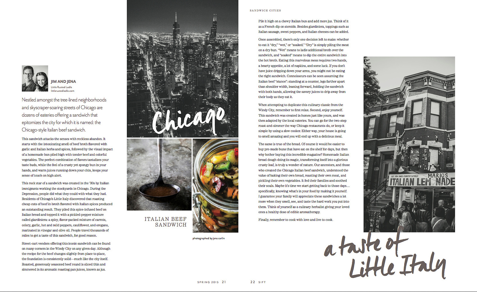 Two-page spread with article about the Italian Beef sandwiches of Chicago with images of the city and the beef and peppers food photography 