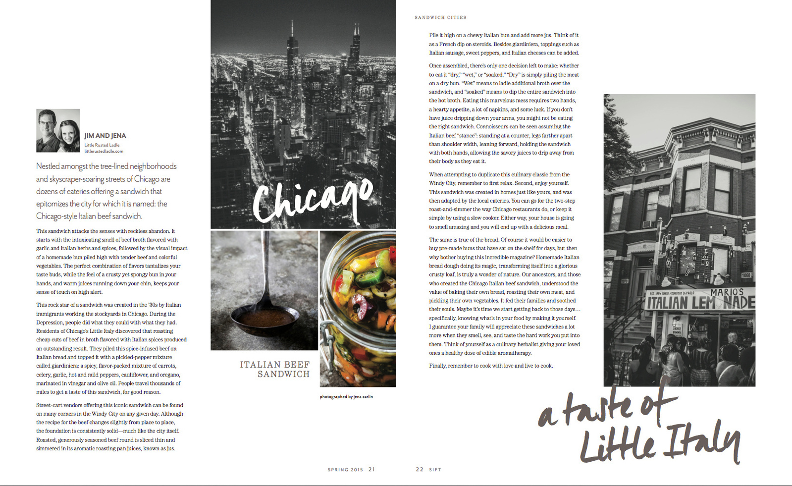 Two-page spread with article about the Italian Beef sandwiches of Chicago with images of the city and the beef and peppers food photography 