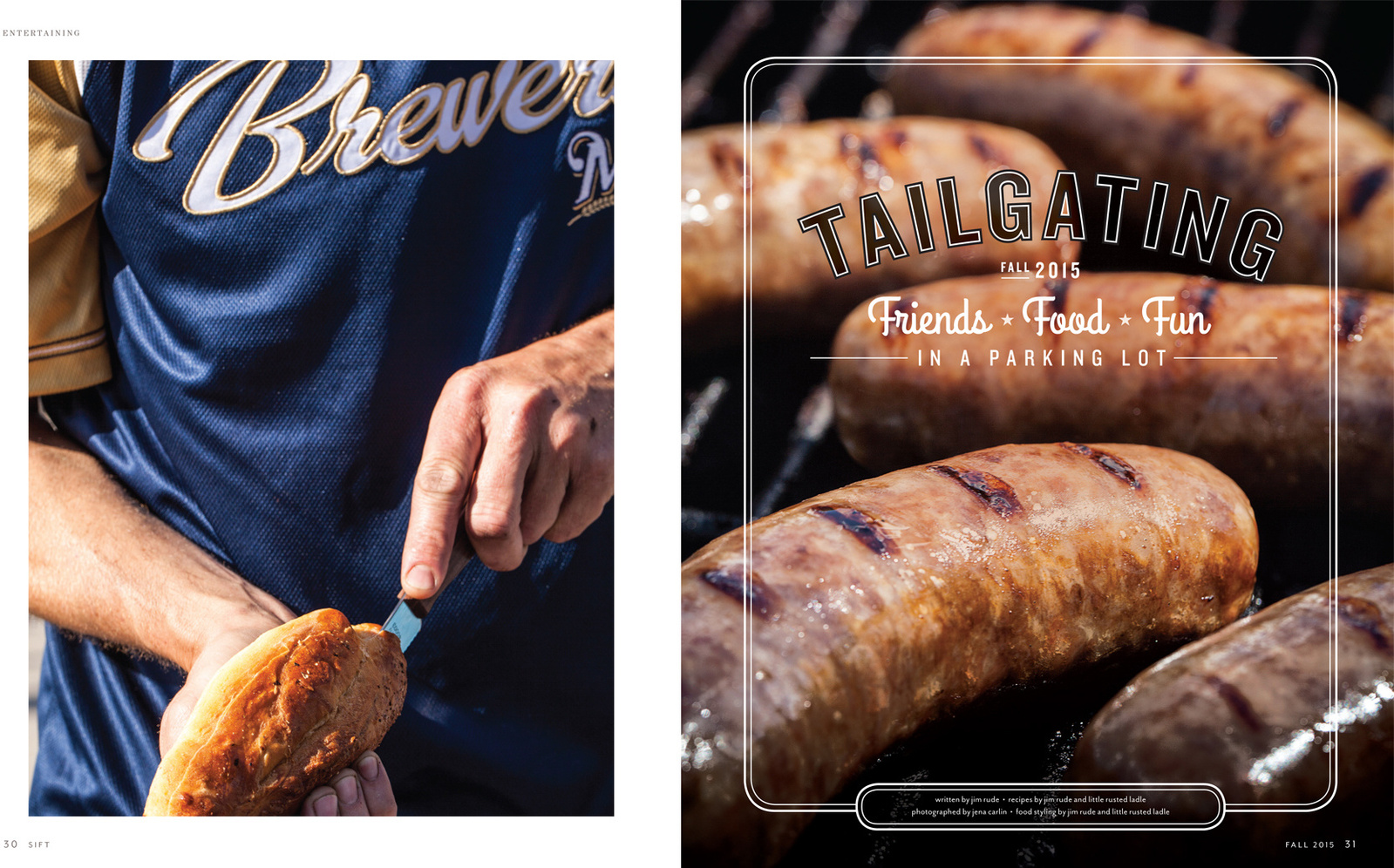 Food photography magazine spread from Sift Magazine with brats on the grill and man in brewers jersey cutting a bun. 