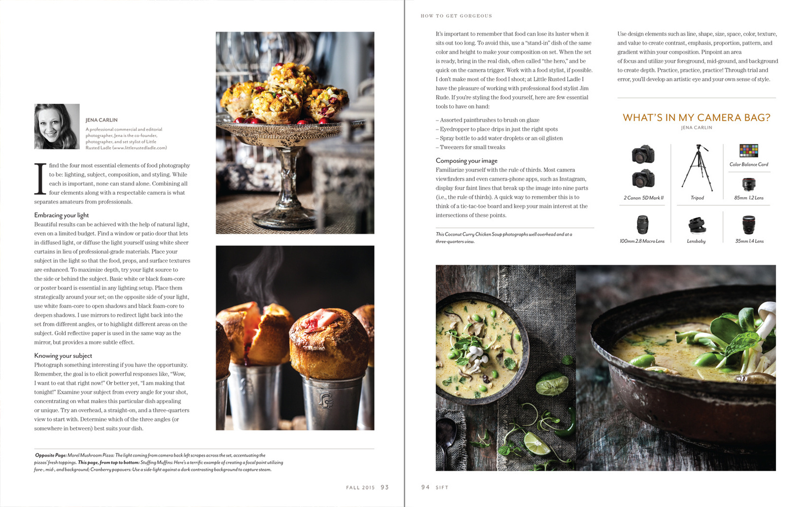 Two-page Magazine spread from Sift Magazine featuring Jena Carlin's food photography images and an article about photographing food. Editorial Food Photography spread. 