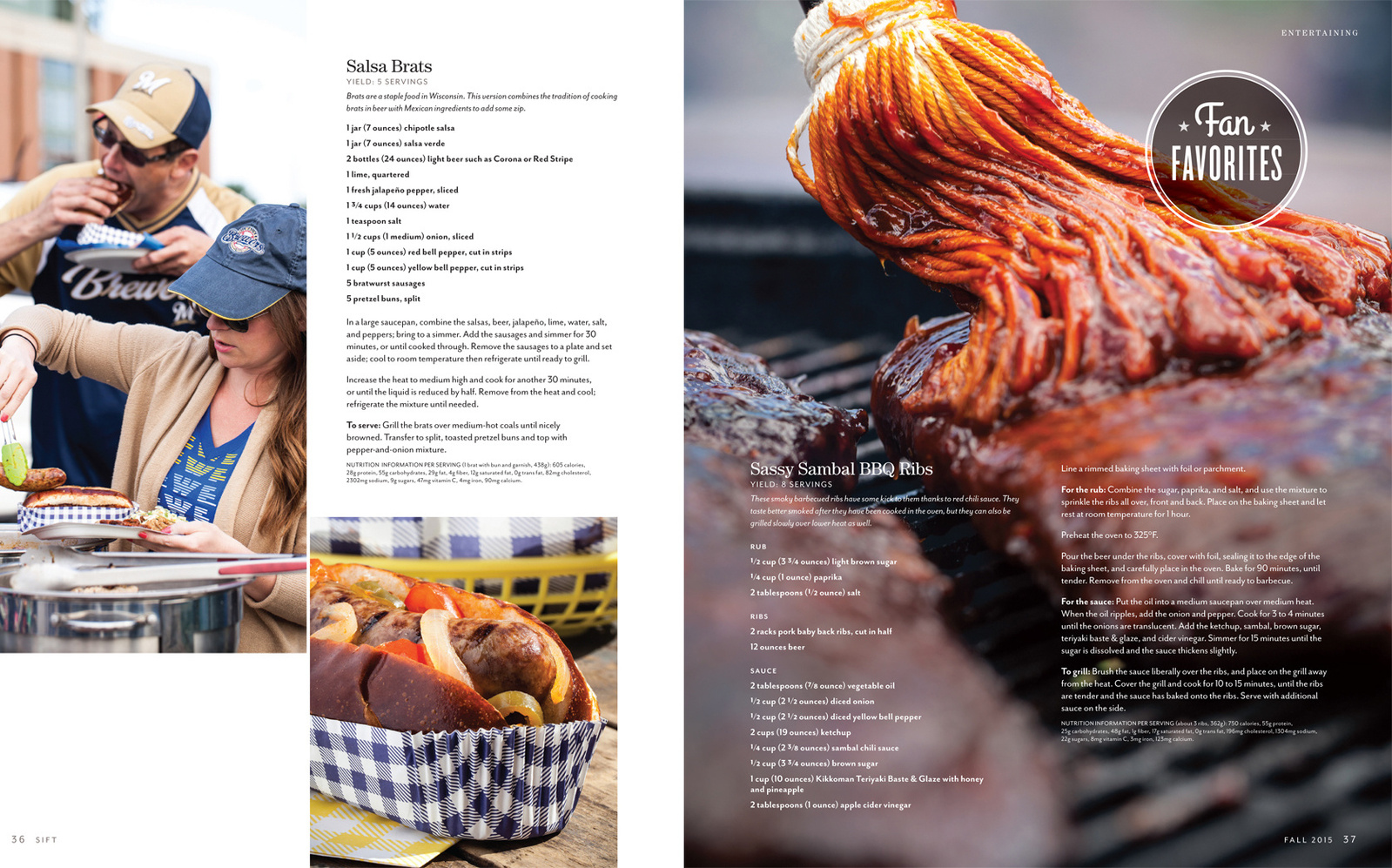 Two-page editorial food photography spread of tailgating at a Brewers baseball game. Food photos of brats and barbeque sauce being brushed on ribs on the grill. 