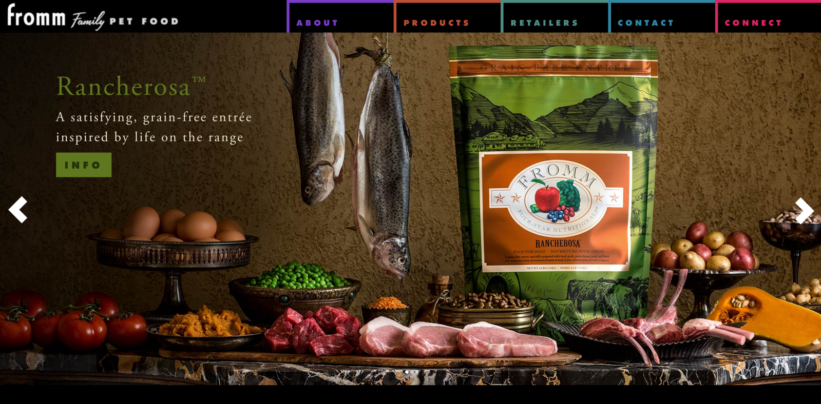 Bag of dog kibble on a buffet with raw meat food photography, produce in bowls, and two fish hanging above the table by the tail.  Website banner for Fromm Family Foods