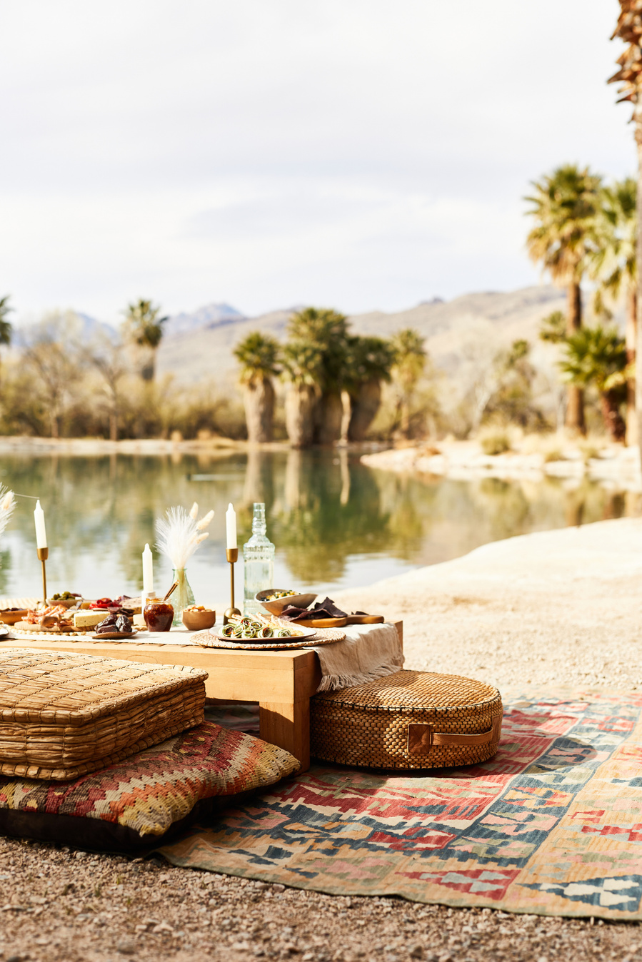 Glam picnic set up on a blanket with cushions on a sandy lakeshore with palm trees in the distance. Lifestyle food photography for The Buckle