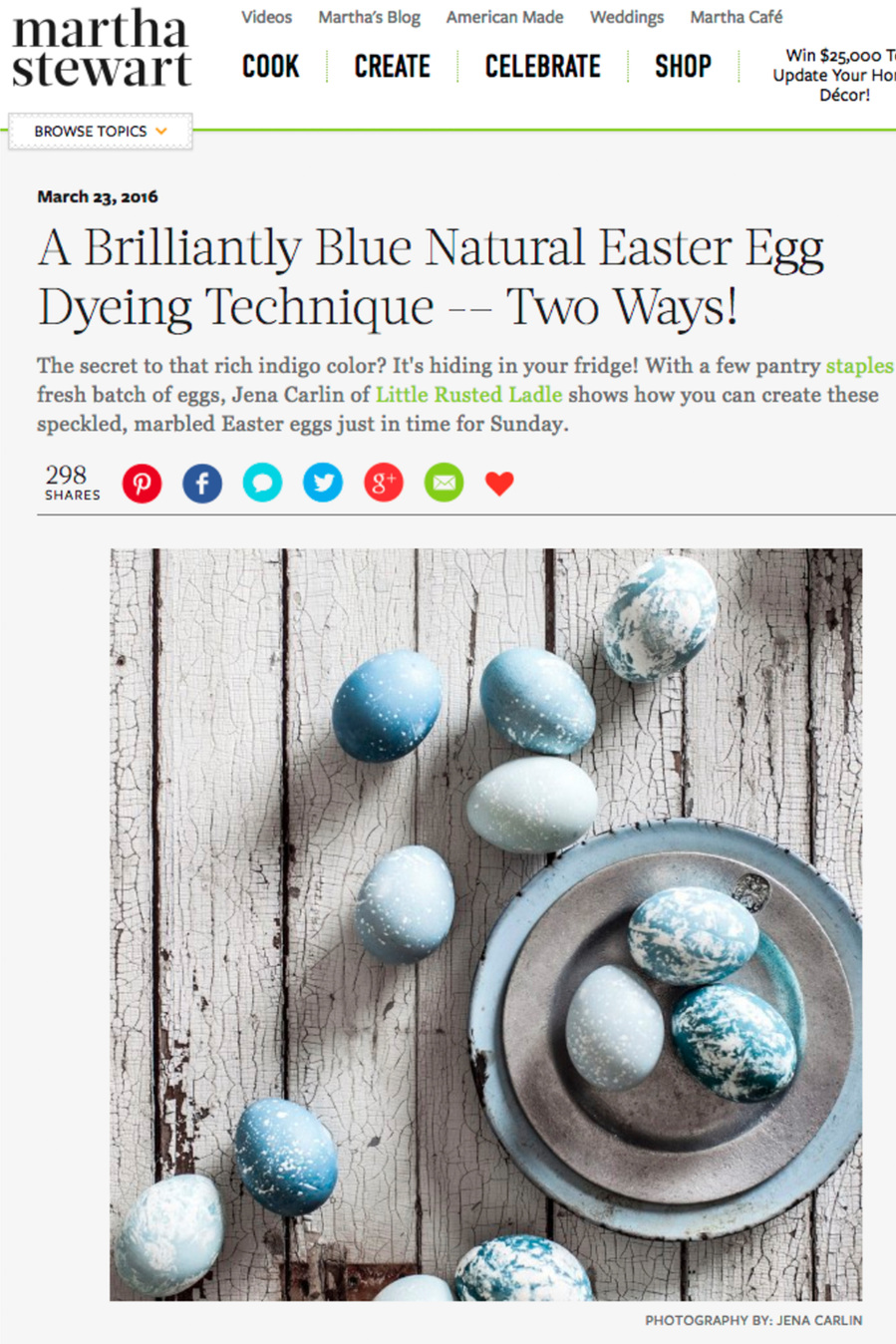 Webpage on Martha Stewart featuring article about naturally dyeing eggs with cabbage. Food photographer article on Martha Stewart. 