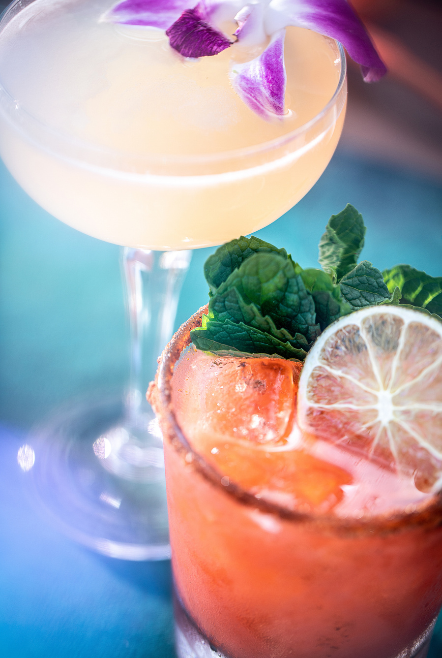 A martini and a bloody mary sitting in the sun on a teal surface that is out of focus. Fruit and flower garnishes with artful light flares. Restaurant drink photography for resort bar menu