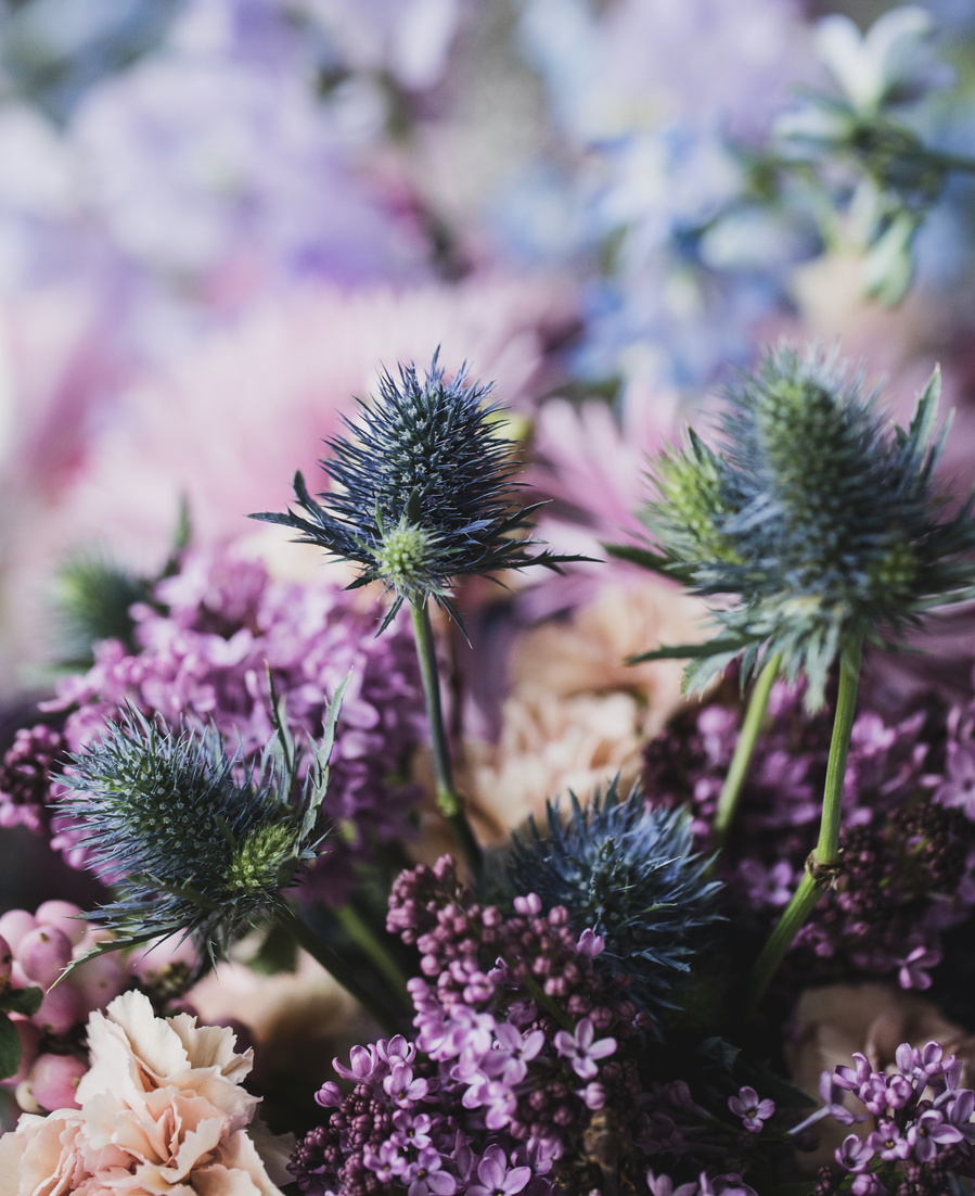 Close up of purple blue and pink floral bouquet from an editorial photography Bridgeton inspired tea party