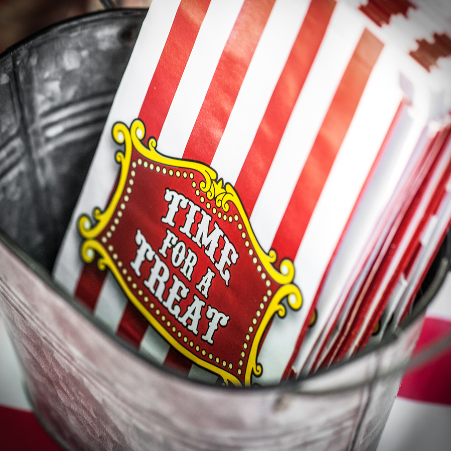 Vintage circus red and white popcorn bags for circus themed birthday party