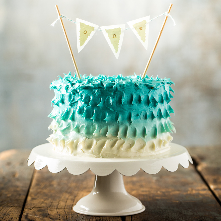 Blue and white ombre cake on a white cake stand with a pennant cake topper with flags that spell "one". Cake photography for circus themed birthday party.  