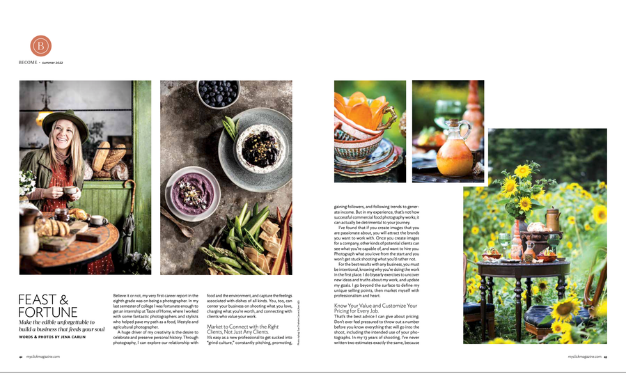 Two-page spread of photographer profile on Jena Carlin with a selection of her favorite images. 