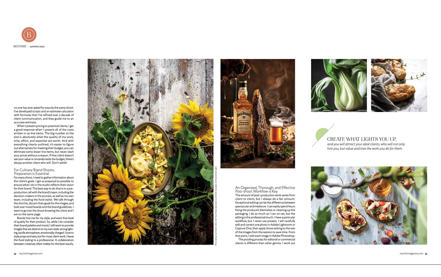 Two-page spread of Jena Carlin photographer profile in Click Magazine with some of her favorite food photography images. 
