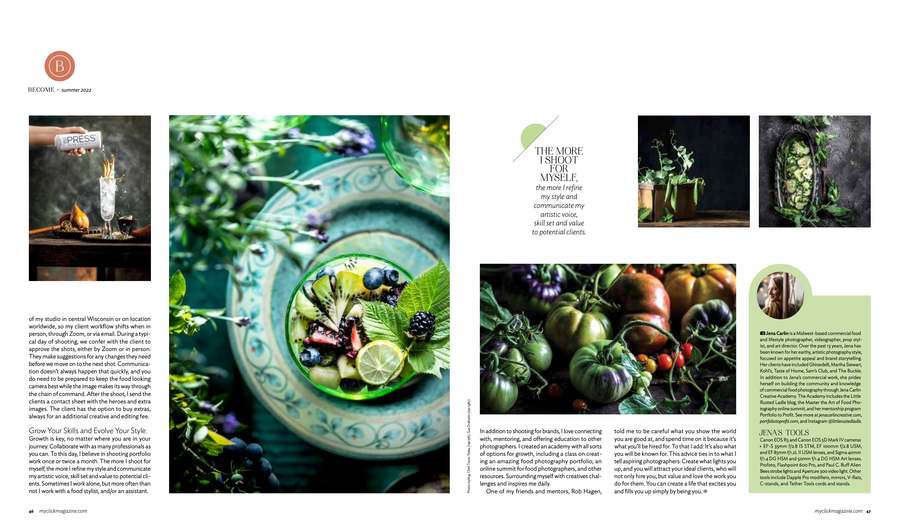Two-page spread of Jena Carlin photographer profile in Click magazine with some of her favorite food photography images