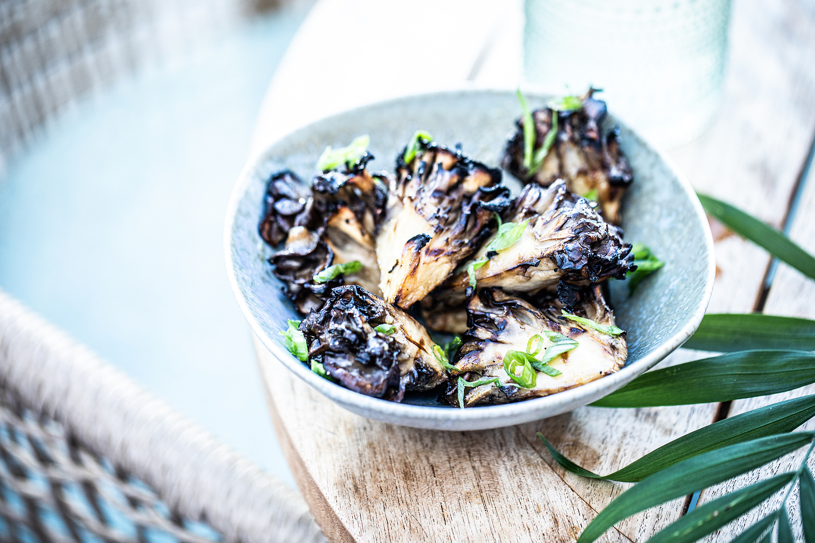 A white bowl of beautiful cooked mushrooms on a sunny outdoor patio with a wicker chair for restaurant photography 