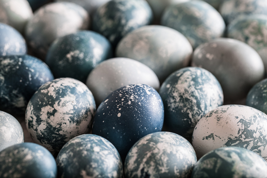 Closeup of a bunch of blue and white speckled eggs dyed with blue cabbage natural dye. 