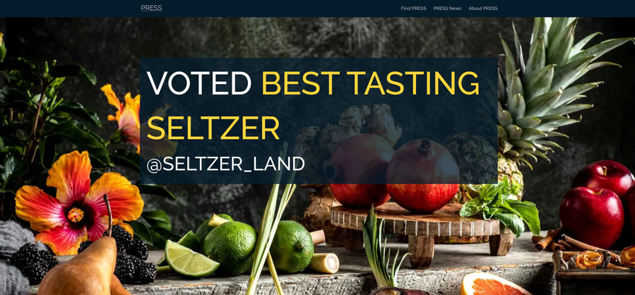 Website header with drink photographer's photo of Press Seltzer ingredients. Text overlay says "Voted Best Tasting Seltzer" by @seltzer_land