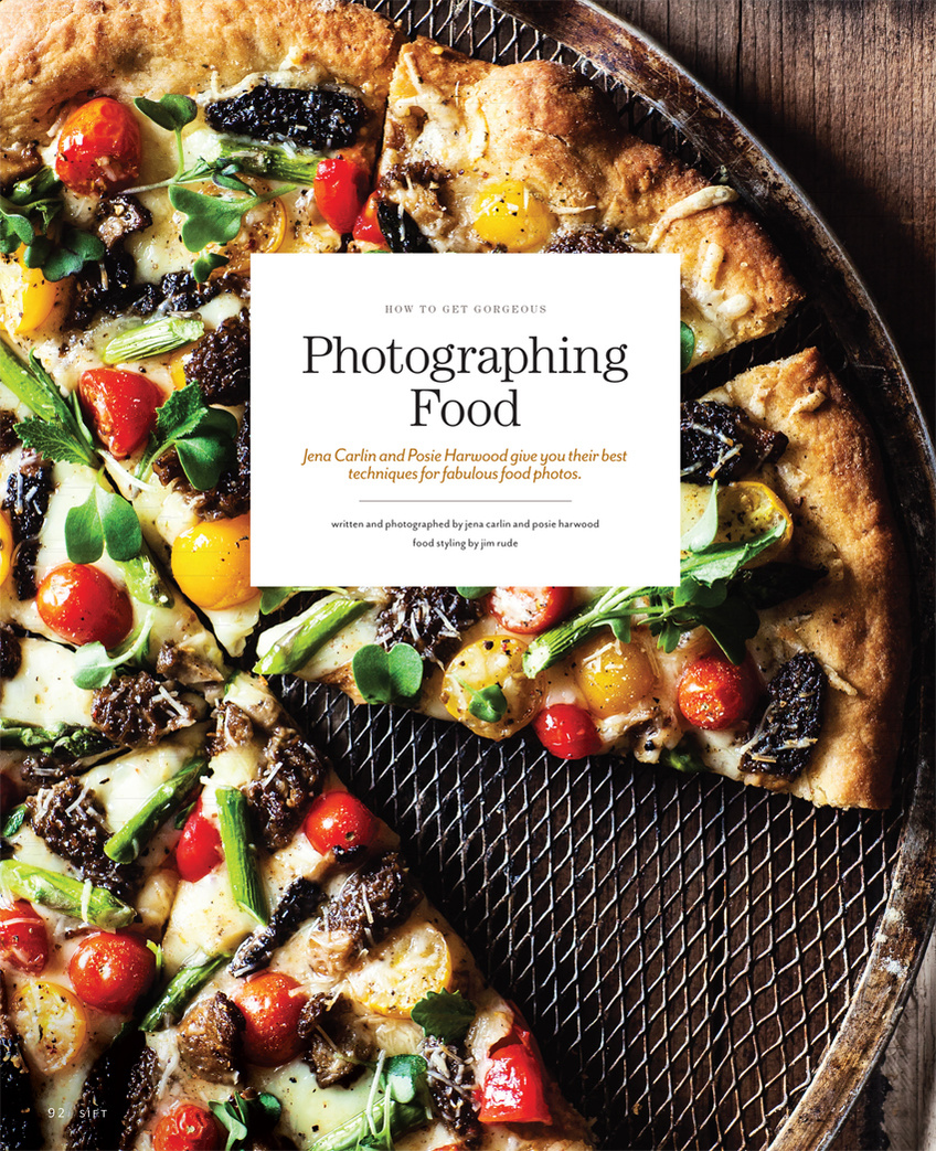 Opening spread of magazine article in Sift Magazine about Jena Carlin's food photography. Features an overhead shot of pizza photography on a rustic pizza pan. 