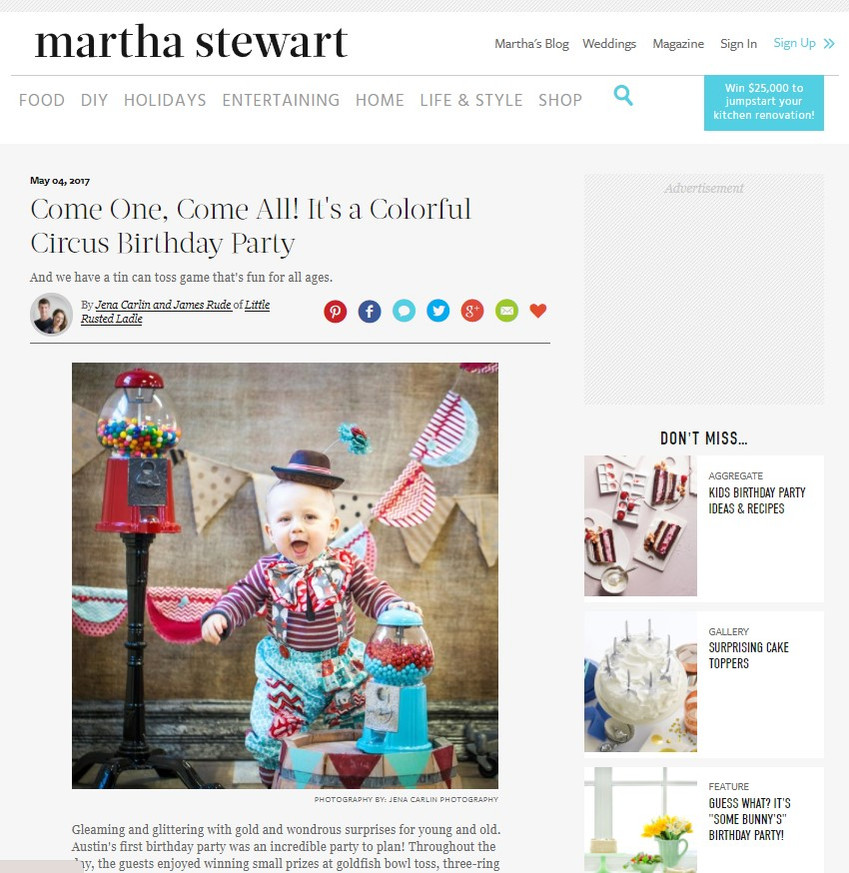 Webpage from Martha Stewart website with article from Jena Carlin on creating a circus themed birthday party for her one year old son including food photography and DIY