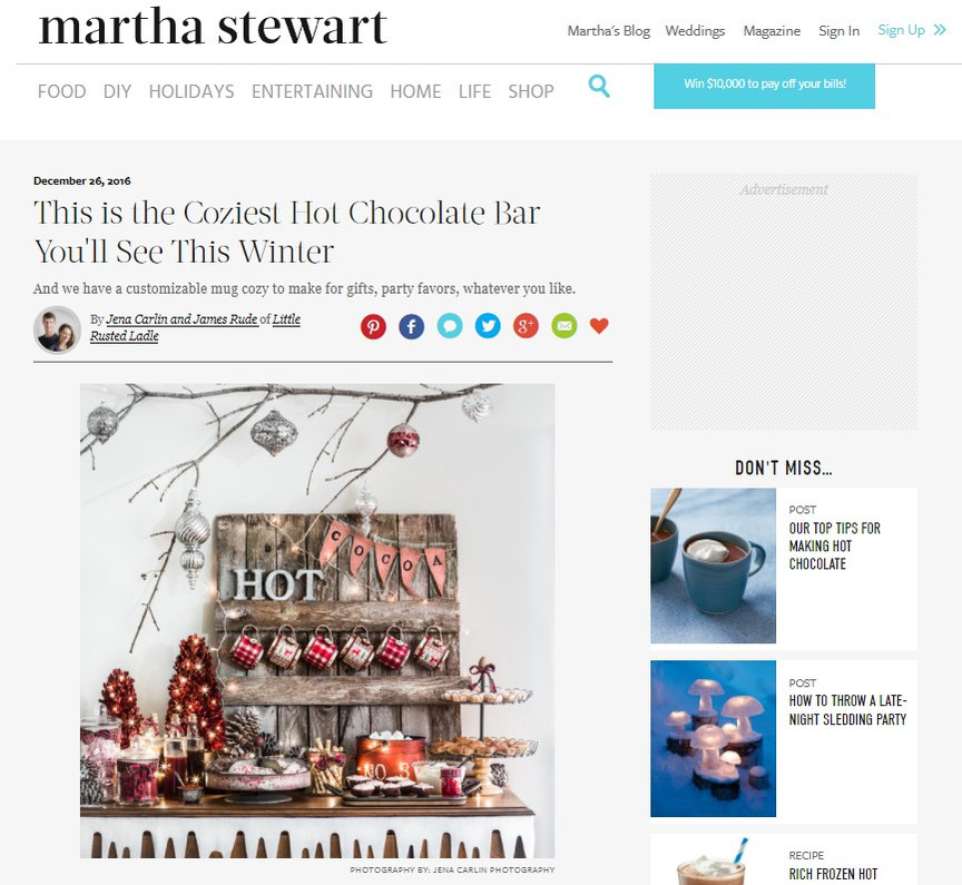Webpage on Martha Stewart website featuring Article about crafty DIY hot cocoa bar for party. Setup for hot drink photography