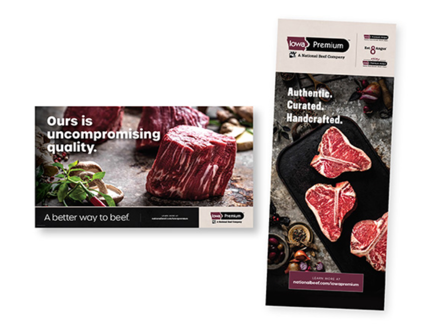 Example advertising from Iowa Premium Meats featuring raw meat photography and pictures of steaks
