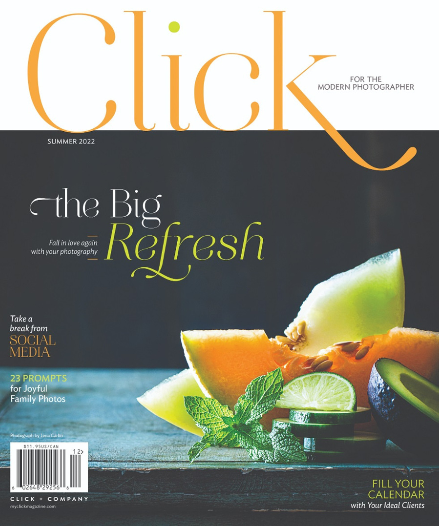 Cover of Click Magazine featuring a Jena Carlin food photographer image of slices of melon on a blue wood surface with beautiful lighting