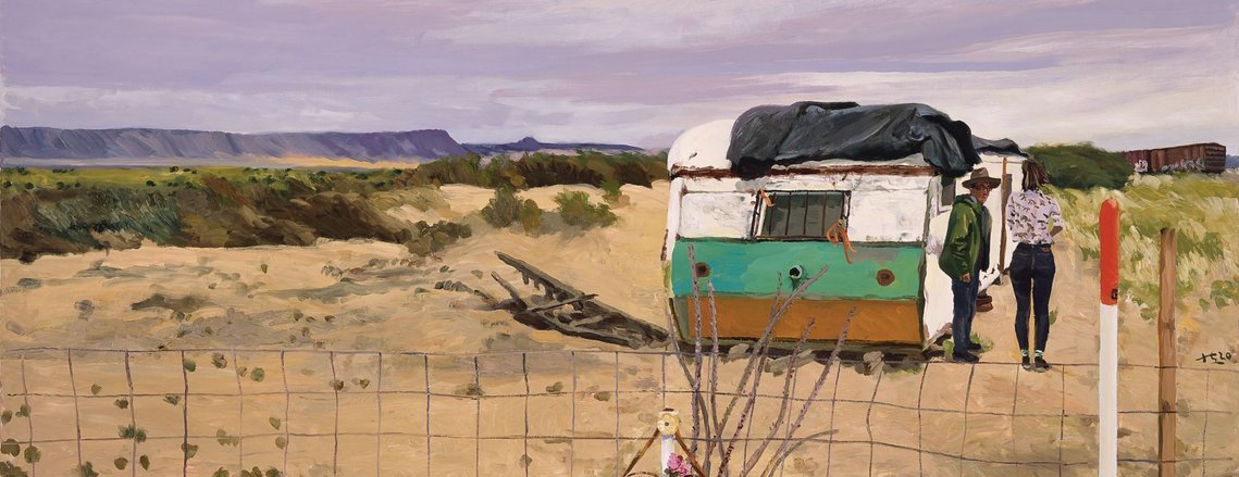 Painting: a self-portrait by Liu Xiaodong with Alice Driver on the U.S.-Mexico border, 2019 at Massimodecarlo Gallery.