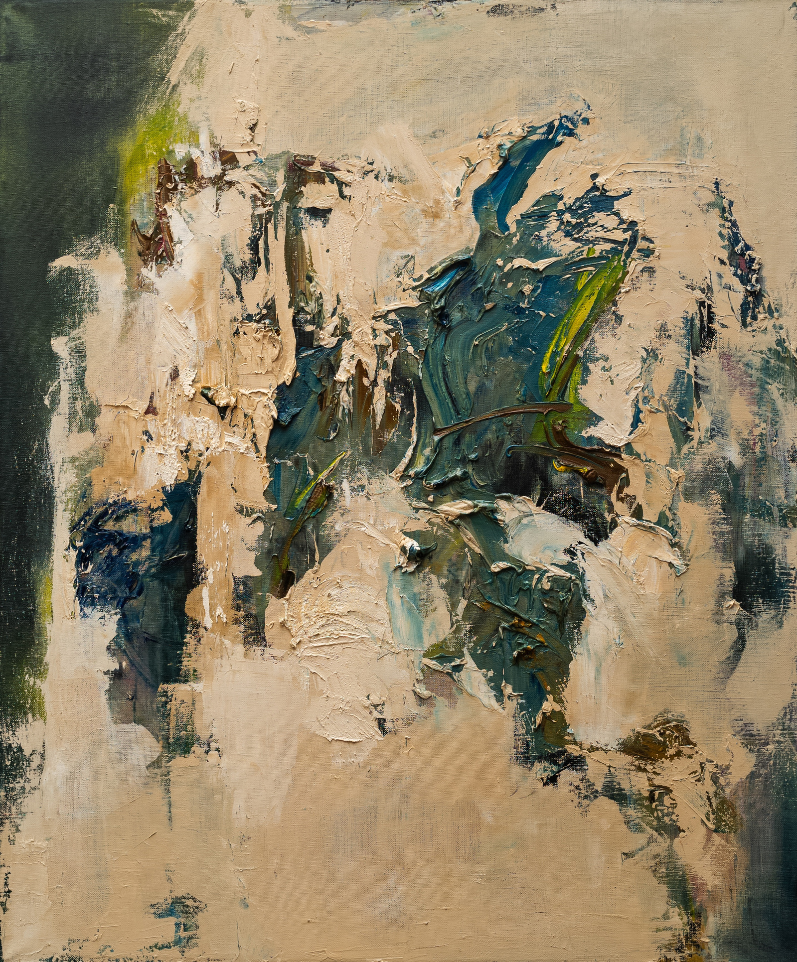 abstract painting, impasto and texture, green, yellow and light brown
