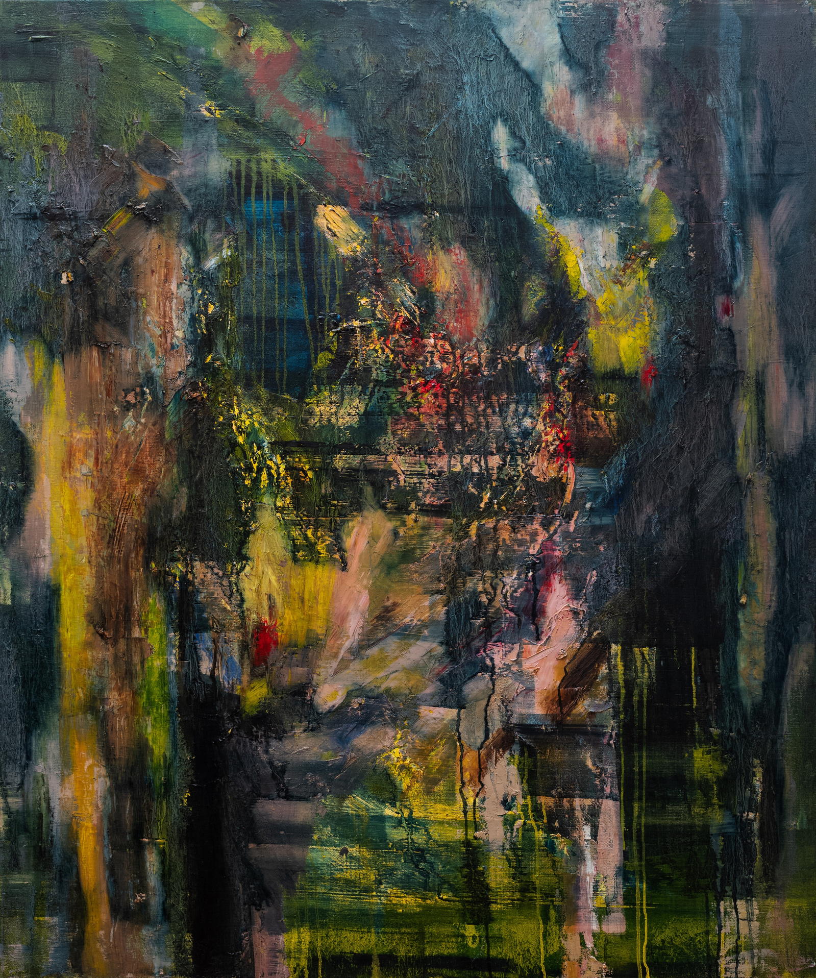 abstract painting, texture, impasto, colourful, jungle, forest, parrots