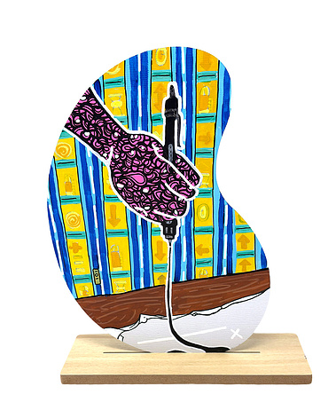 A mixed media piece that is shaped like a bean on wood base. The brightly coloured graphic painting depicts a patterned hand in the air above a desk holding a marker. The ink of the marker comes down onto a piece of paper that is on the desk. 