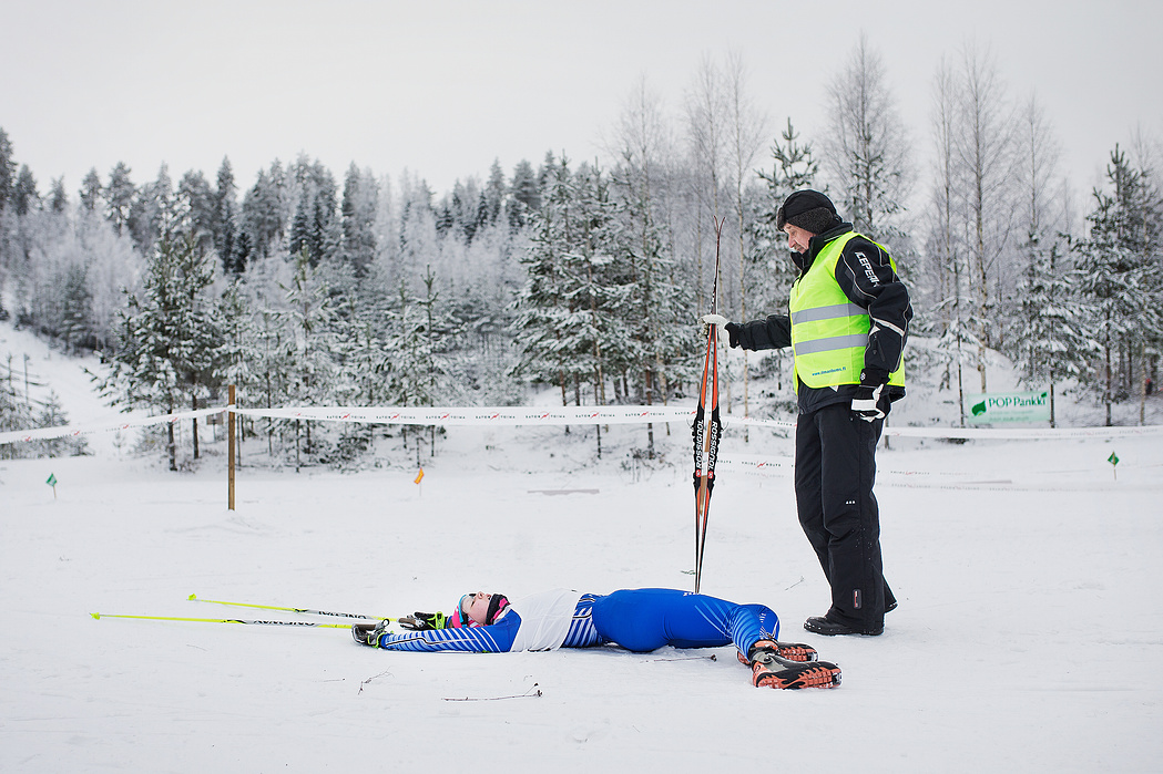 20160124 SAVON SANOMAT URHEILU. Siilinjärven Hiihtoseuran 40-vuotisjuhlakilpailuviikonlopun toinen päivä.
N14-sarja, Jenni Takkunen, Siilinjärven hiihtoseura maalissa. Esa Pääkkönen
Kuva: Matias Honkamaa