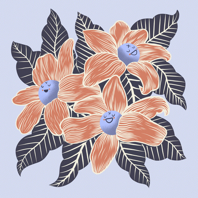 Three Happy Flowers Smiling. Three color silkscreen prints, 11x11 on Fabriano cream paper.