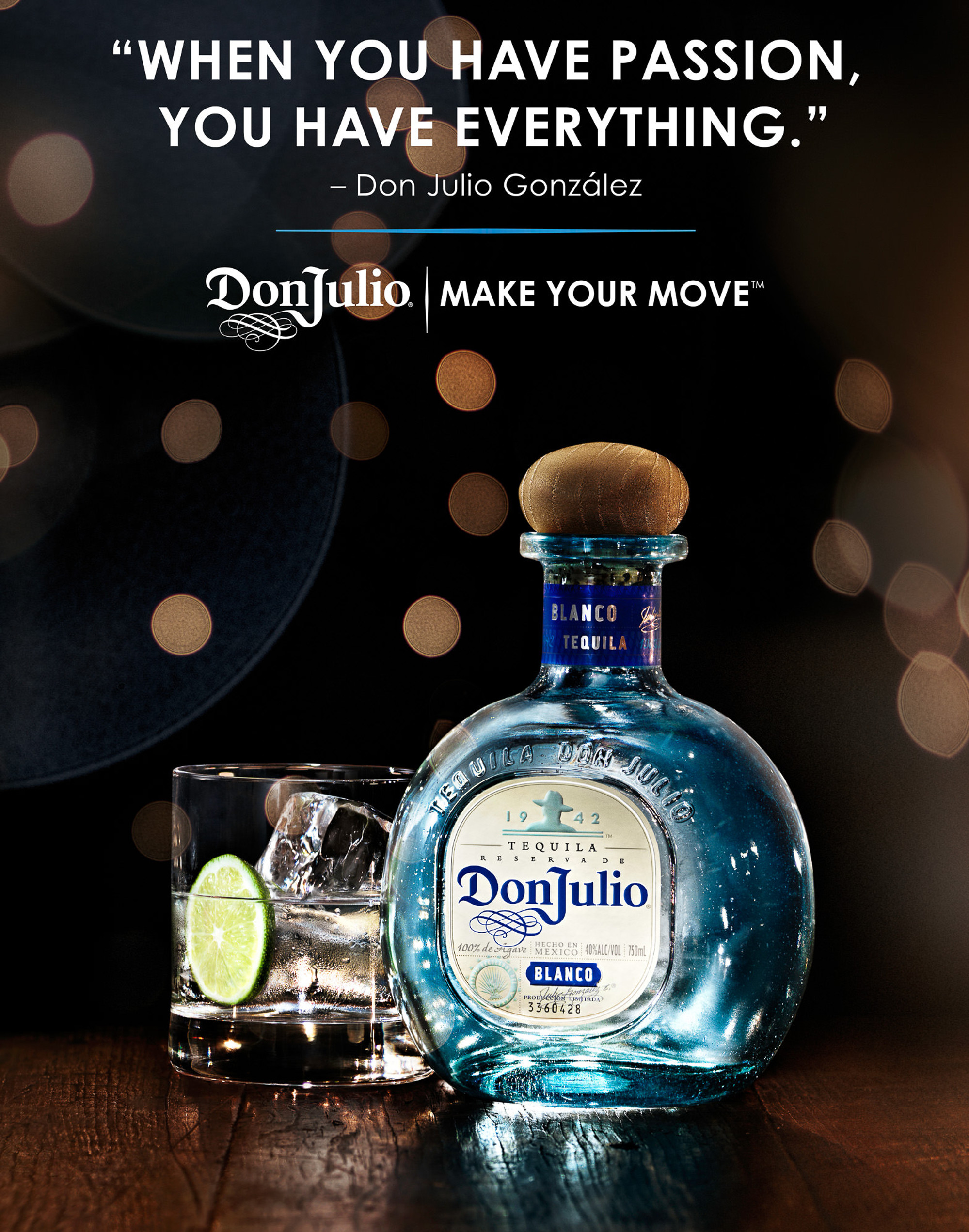 Don Julio Tequila blanco lights tear sheet. Beverages and liquids product & advertising photography by Timothy Hogan Studio in Los Angeles