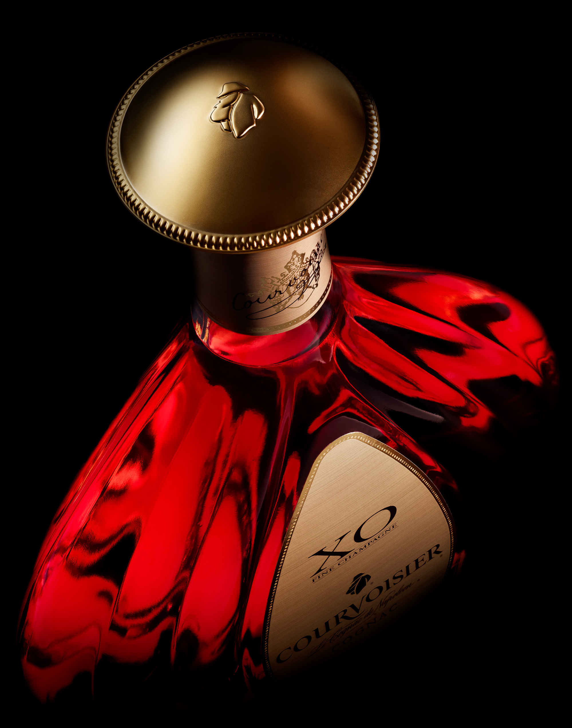 Courvoisier XO close up bottle photography. Beverage and liquid product & advertising photography by Timothy Hogan Studio in Los Angeles