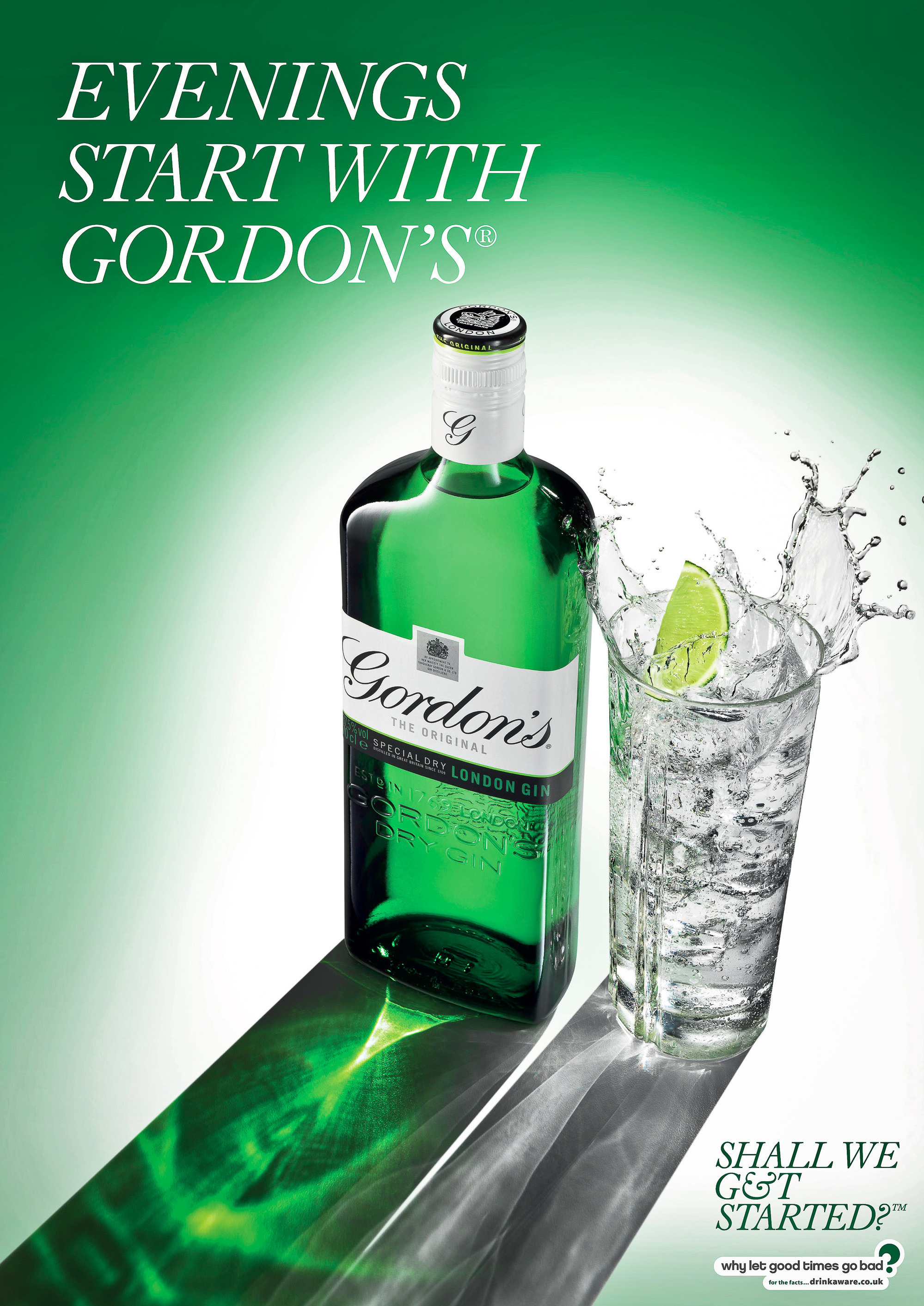 Gordon's gin bottle splash beverage campaign Photography by commercial, product & advertising photographer Timothy Hogan in studio Los Angeles