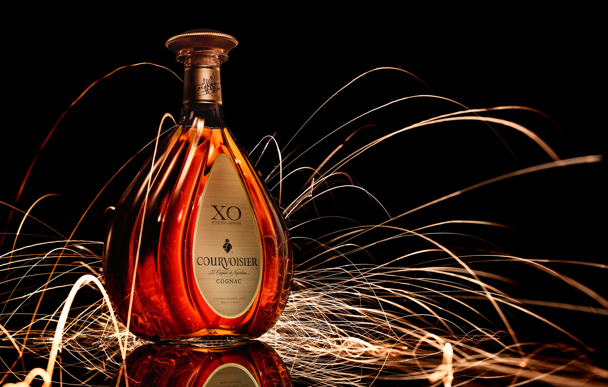 Courvoisier XO Sparks bottle photography. Beverage and liquid product & advertising photography by Timothy Hogan Studio in Los Angeles