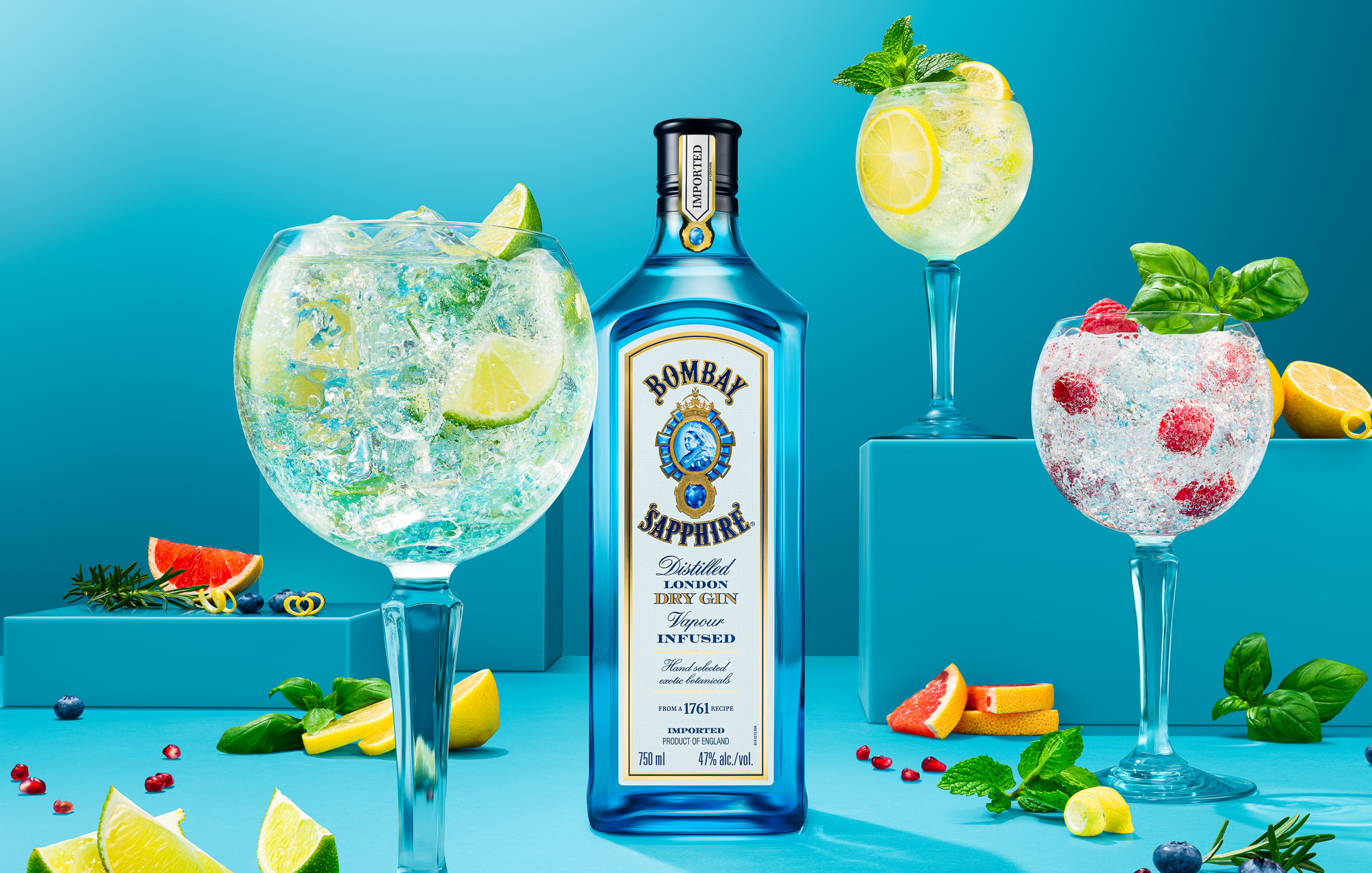 Bombay Sapphire gin cocktails & bottle. Beverage product and advertising photography by Timothy Hogan in Los Angeles