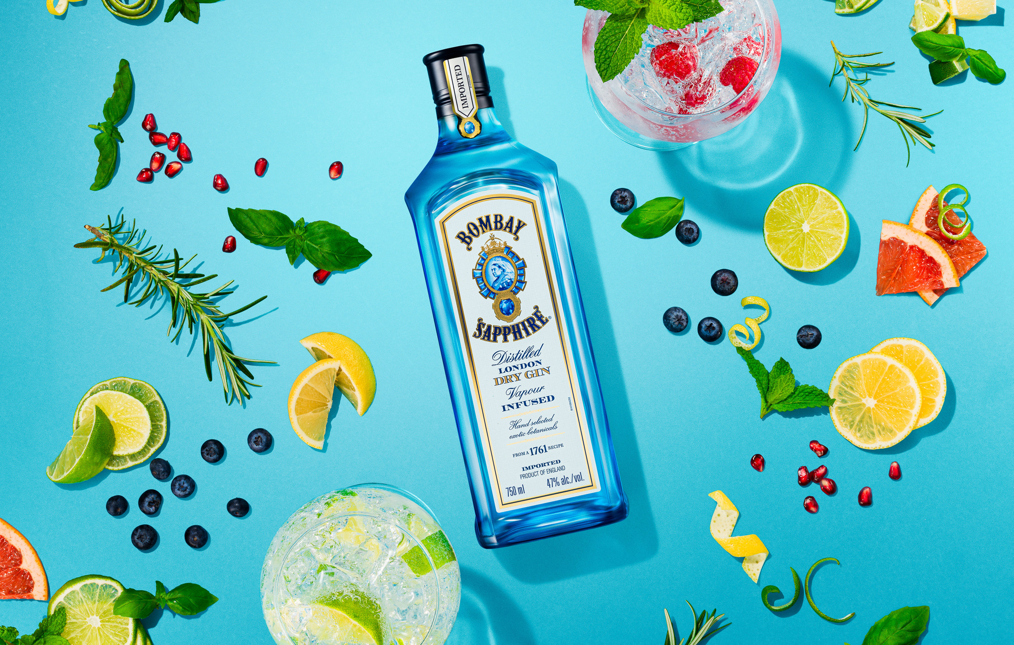 Bombay Sapphire gin bottle and cocktails. Beverage product and advertising photography by Timothy Hogan in Los Angeles