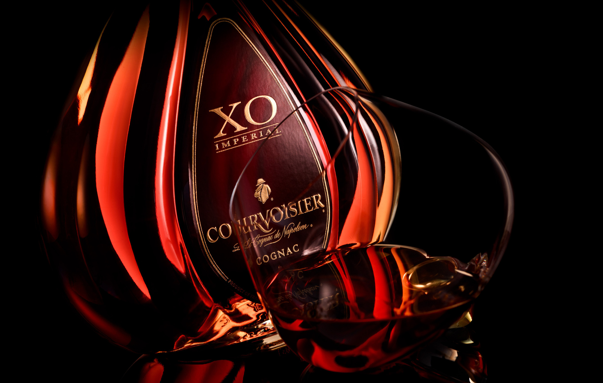Courvoisier XO close up bottle photography. Beverage and liquid product & advertising photography by Timothy Hogan Studio in Los Angeles