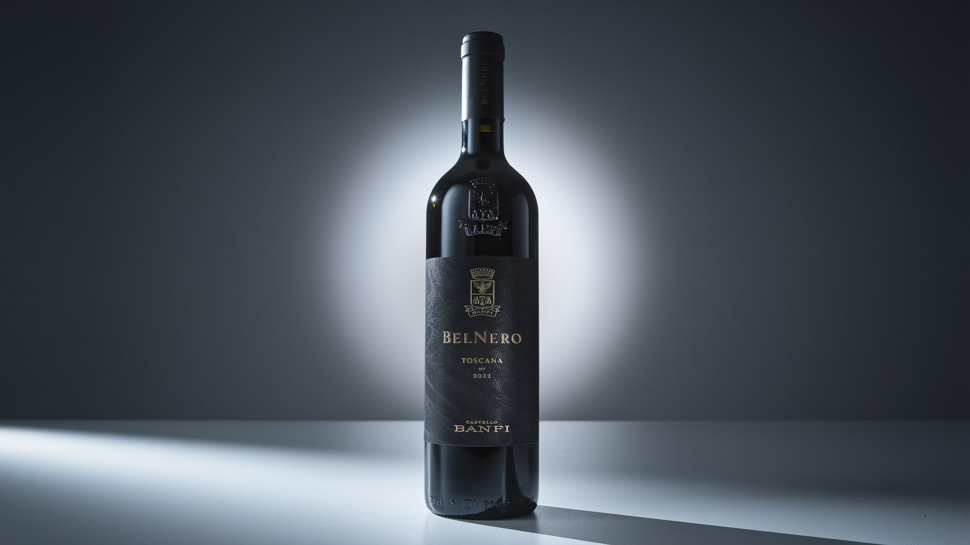 Advertising photography by Timothy Hogan of Banfi Estate Belnero Super Tuscan wine on a grey background. 
