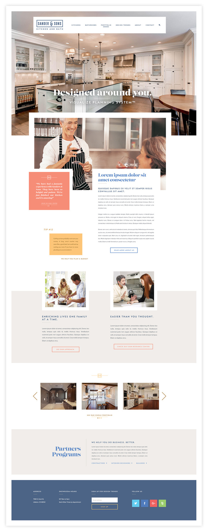 The Sander & Sons site design takes brand cues from Crate & Barrel, and uses soft, spring colors and large, overlapping photography.