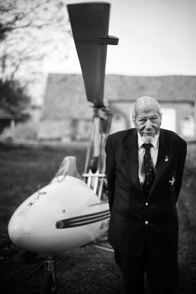 Portrait of Ken Wallis, inventor of the gyroplane or gyrocopter, taken outside his house with a gyrocopter. Shot by Norwich commercial, freelance portrait photographer Matt Keal.