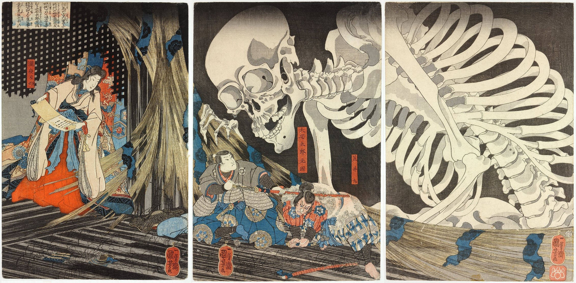 A giant skeleton towers over two people.