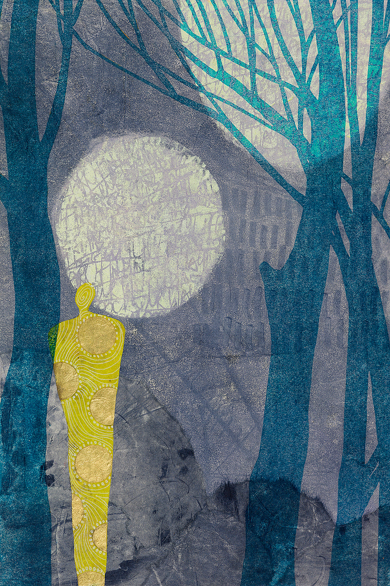 Written on the Moon      Monotype with collage & Stencil